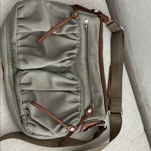 MZ Wallace Gray and Brown Crossbody Bag with Ruched Design